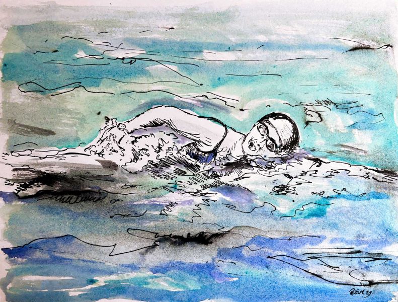 Gemälde "Schwimmerin 2" von Rudolf E. Mitter – Schwimmer in Bewegung, malerische Szene im Wasser