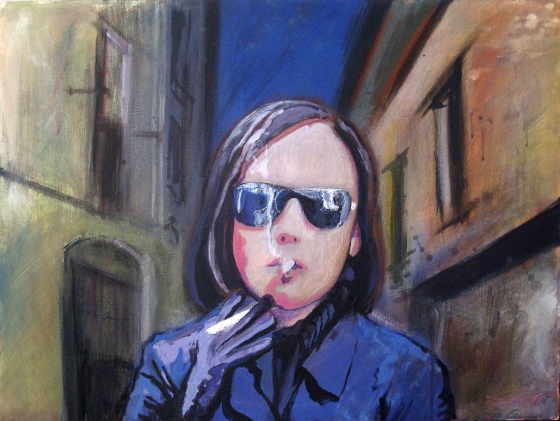 Gemälde "Night Walk Smoke" von Rudolf E. Mitter – Figur mit Sonnenbrille in nächtlicher Gasse, zwischen Pose und echtem Moment