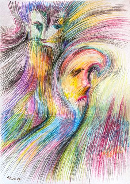 Farbstiftzeichnung "Rosa hat das in 7 Minuten fertig" von Rudolf E. Mitter – humorvoller Titel, figurative Darstellung